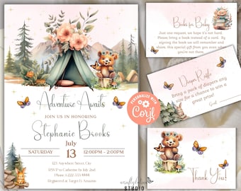Let the Adventure Begin Camping Babyparty Einladungspaket, Woodland Forest Babyparty, Mädchen-Babyparty, kleiner Camper, Nationalpark