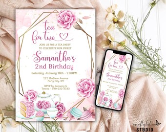 Tea for Two Birthday Invitation, Floral Tea Party, Girl 2nd, Pink and Gold