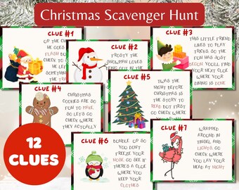 Peut inclure: Douze cartes de chasse au trésor de Noël colorées avec des illustrations de Père Noël, d'un bonhomme de neige, d'un lutin, d'un bonhomme en pain d'épices, d'un sapin de Noël, d'un pingouin, d'un flamant rose et le texte "12 Indices".