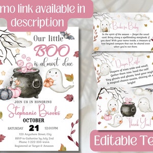 May include: A baby shower invitation with a Halloween theme, featuring the text "Our little BOO is almost due." The design includes a cauldron, ghosts, pumpkins, and autumn leaves. Additional cards include "Books for Baby" and "Diaper Raffle."