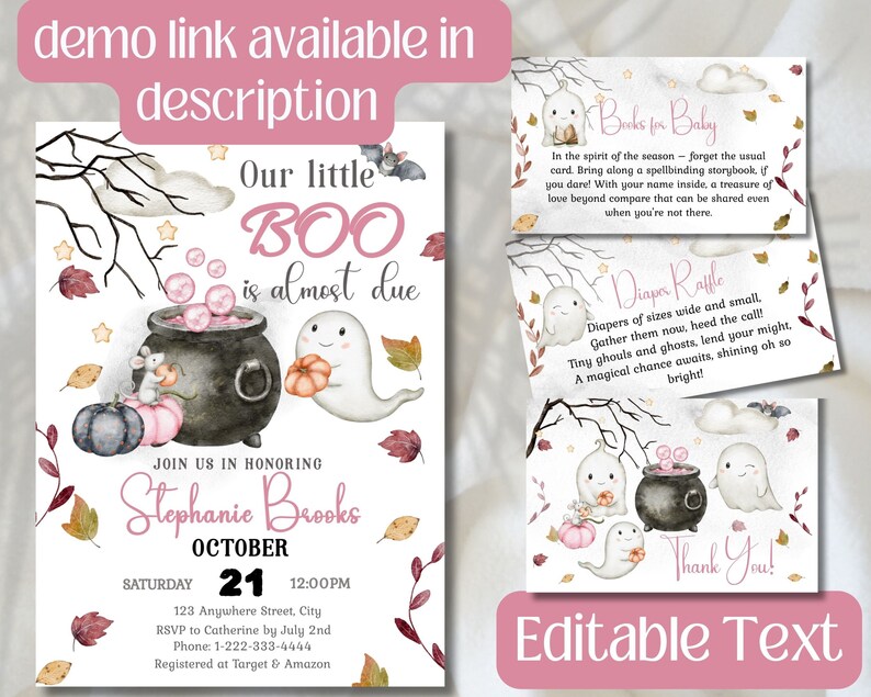 May include: A baby shower invitation with a Halloween theme, featuring the text "Our little BOO is almost due." The design includes a cauldron, ghosts, pumpkins, and autumn leaves. Additional cards include "Books for Baby" and "Diaper Raffle."