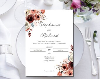 Boho Wedding Invitation Template Set, Terracotta Wedding Invitation Suite, Wedding Invitation Rust Orange, Boho Rust Wedding - RILEY