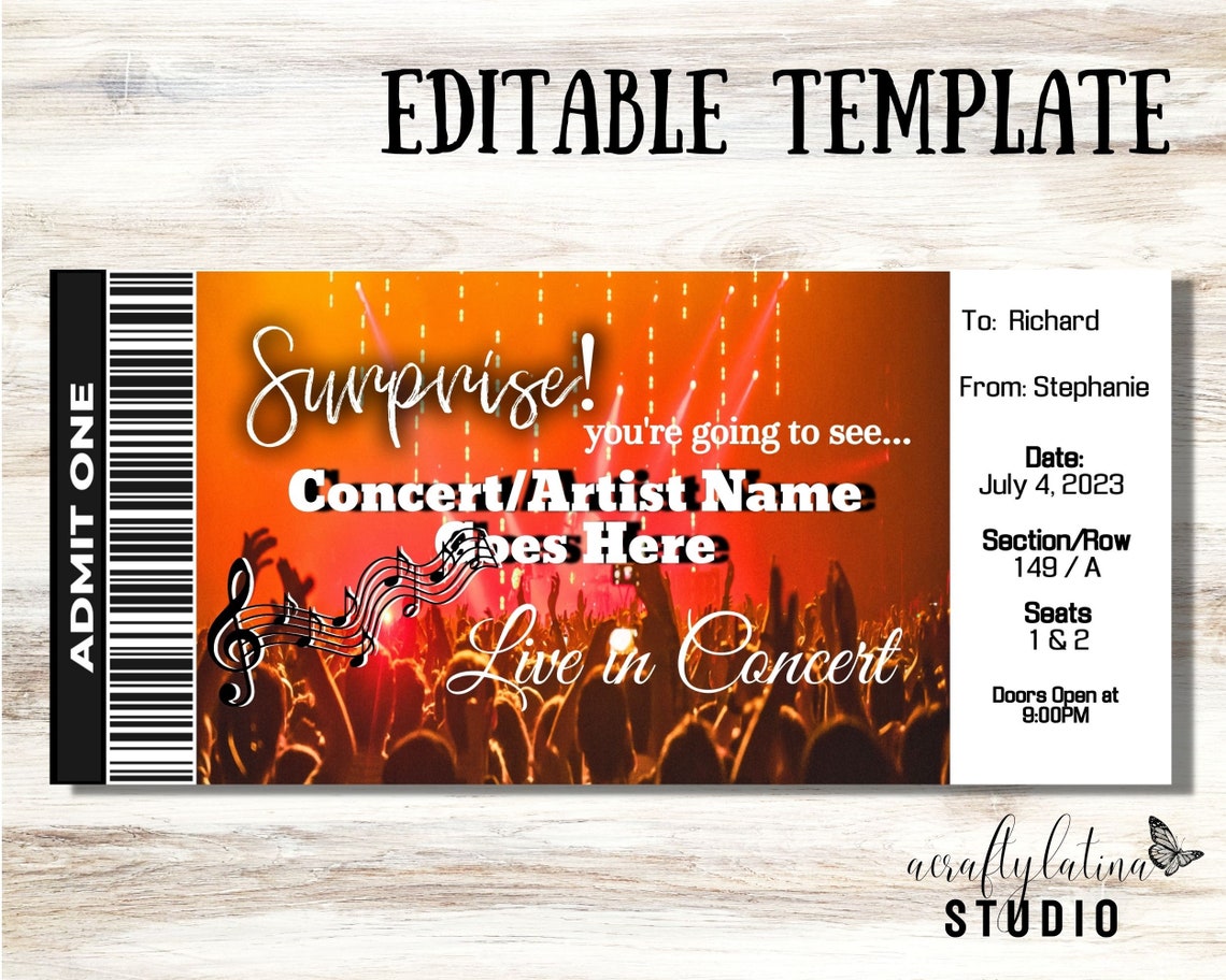 Printable Ticket Template Concert Ticket Template Surprise - Etsy