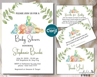 Conjunto de invitaciones para baby shower con temática de dinosaurios, animales de la selva, libros para bebés, rifa de pañales y tarjetas de agradecimiento.