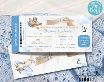 Airplane Baby Shower Invitation, Adventure Awaits, Boarding Pass Invite, Editable Template (Corjl Digital Download)
