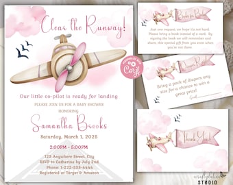 Airplane Baby Shower Invitation, Clear the Runway, Co-Pilot, Books for Baby, Diaper Raffle, Thank You Cards