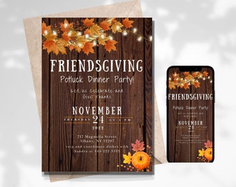 May include: A rustic woodgrain background with fall leaves and string lights. The text "FRIENDSGIVING Potluck Dinner Party!" is written in white. The date "NOVEMBER 24 2022" is written in white. The time "THURSDAY 7 AT 5 PM" is written in white. The address "717 Magnolia Street Albany, NY 12207" is written in white. The text "rsvp and coordinate dishes with Sandra at 614-222-3551" is written in white.