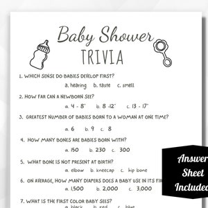 Juego de trivia para baby shower, juegos imprimibles para baby shower, juegos minimalistas para baby shower, actividades para baby shower, juegos modernos para baby shower
