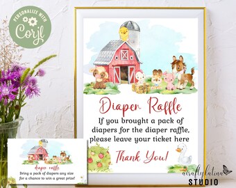 Farm Animals Diaper Raffle Sign, Barnyard Baby Shower Decor, Watercolor Printable (Corjl Template, Digital Download