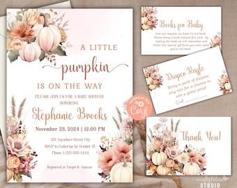 Fall Pumpkin Baby Shower Invitation Set, Floral Girl Invite, Books for Baby, Diaper Raffle, Thank You Card