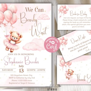 Invito per baby shower We Can Bearly Wait, invito modificabile per baby shower con palloncino a forma di orso, baby shower con orsetto, baby shower per bambine, palloncino a forma di orso