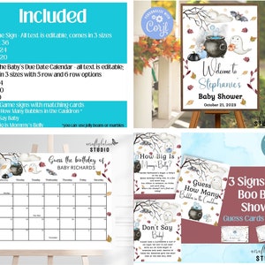 K&ouml;nnte beinhalten: Druckbarer Babyparty-Schild-Set mit einem Geist, einem Kessel und Flederm&auml;usen zum Thema Halloween. Das Willkommens-Schild lautet "Willkommen zur Babyparty von Stephanie, 21. Oktober 2023". Das Set enth&auml;lt einen Kalender, das Spiel "Wie gro&szlig; ist Mamas Bauch?", das Spiel "Errate, wie viele Blasen im Kessel sind?" und das Spiel "Sag nicht Baby".