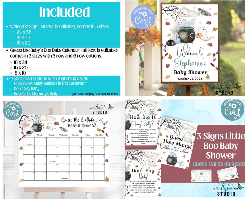 K&ouml;nnte beinhalten: Druckbarer Babyparty-Schild-Set mit einem Geist, einem Kessel und Flederm&auml;usen zum Thema Halloween. Das Willkommens-Schild lautet "Willkommen zur Babyparty von Stephanie, 21. Oktober 2023". Das Set enth&auml;lt einen Kalender, das Spiel "Wie gro&szlig; ist Mamas Bauch?", das Spiel "Errate, wie viele Blasen im Kessel sind?" und das Spiel "Sag nicht Baby".