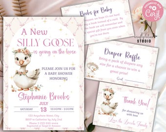Silly Goose Baby Shower Editable Invitation Template Bundle, Digital Bundle for Celebrations, Girl Baby Shower, Pink Bow Invitation, Diaper