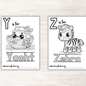May include: Black and white coloring page featuring the letter Y and the word "Yacht". A cartoon yacht with a smiling face is illustrated next to the letter. The letter Z and the word "Zebra" are also featured on the page, with a cartoon zebra next to the letter.
