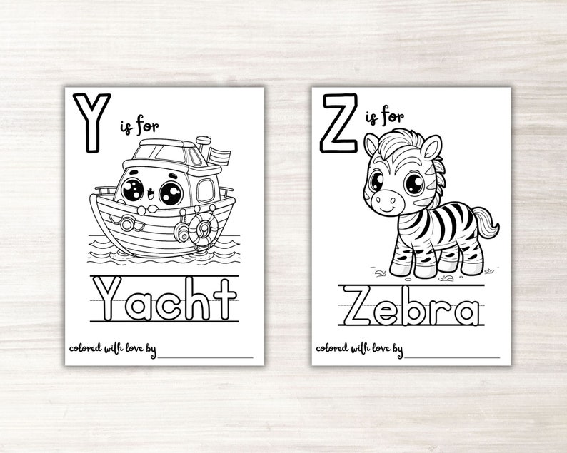 May include: Black and white coloring page featuring the letter Y and the word "Yacht". A cartoon yacht with a smiling face is illustrated next to the letter. The letter Z and the word "Zebra" are also featured on the page, with a cartoon zebra next to the letter.
