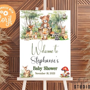Letrero de bienvenida para baby shower con temática de bosque, baby shower con animales del bosque, baby shower con vegetación, baby shower para niños, letrero de bienvenida grande, animales del bosque