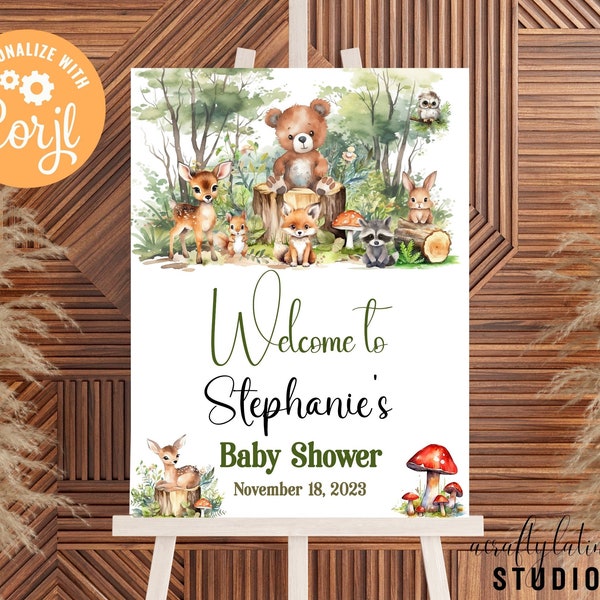 Woodland Baby Shower Welcome Sign, Forest Animal Baby Shower, Greenery Baby Shower,  Boy Baby Shower, Large Welcome Sign, Woodland Animals