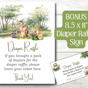 May include: A printable sign for a baby shower diaper raffle. The sign features a watercolour illustration of a woodland scene with a deer, raccoon, squirrel, and mushrooms. The text on the sign reads "Diaper Raffle" and "If you brought a pack of diapers for the diaper raffle, please leave your ticket here. Thank You!"