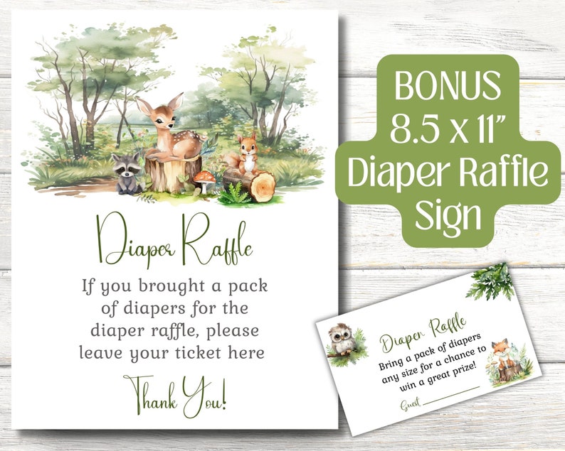 May include: A printable sign for a baby shower diaper raffle. The sign features a watercolour illustration of a woodland scene with a deer, raccoon, squirrel, and mushrooms. The text on the sign reads "Diaper Raffle" and "If you brought a pack of diapers for the diaper raffle, please leave your ticket here. Thank You!"