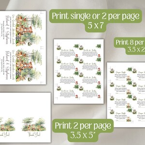 May include: Printable baby shower invitation with a woodland theme. The invitation features a watercolour illustration of a bear, fox, and deer in a forest setting. The text on the invitation reads "Our Great Adventure Starts" and includes the names "Richard & Stephanie". The invitation is available in three different sizes: 5x7 inches, 3.5x2 inches, and 3.5x5 inches.