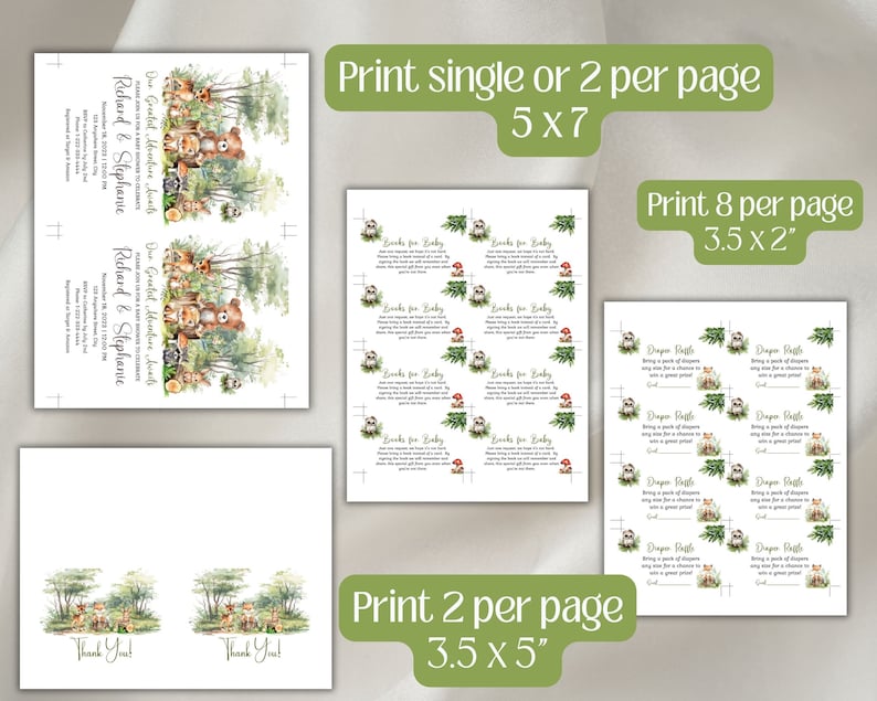 May include: Printable baby shower invitation with a woodland theme. The invitation features a watercolour illustration of a bear, fox, and deer in a forest setting. The text on the invitation reads "Our Great Adventure Starts" and includes the names "Richard & Stephanie". The invitation is available in three different sizes: 5x7 inches, 3.5x2 inches, and 3.5x5 inches.