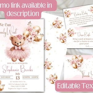 Peut inclure: Un ensemble d'invitations pour f&ecirc;te pr&eacute;natale avec un ours en peluche en tutu rose tenant des ballons dor&eacute;s et roses avec des fleurs. Le texte inclut We Can Bearly Wait, Stephanie Brooks, July 13, Books for Baby, Diaper Raffle et Thank You.