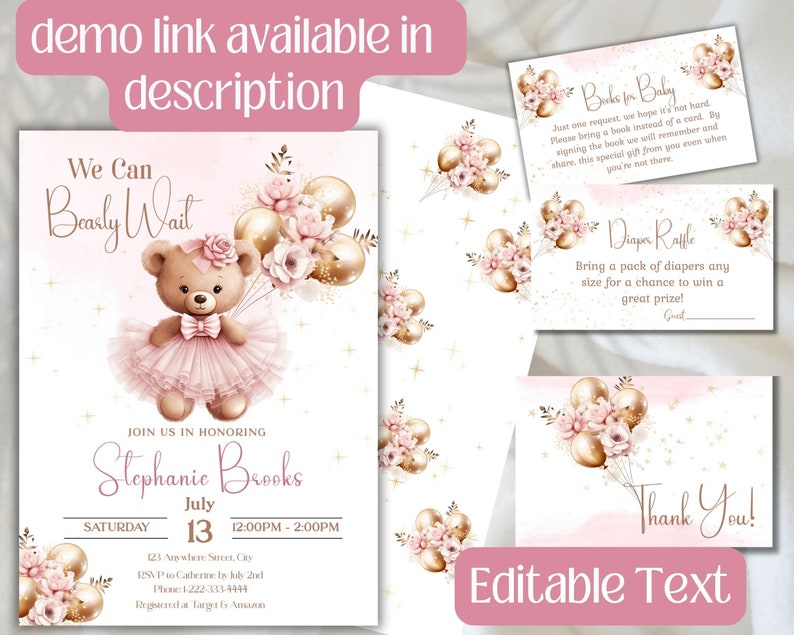Peut inclure: Un ensemble d'invitations pour f&ecirc;te pr&eacute;natale avec un ours en peluche en tutu rose tenant des ballons dor&eacute;s et roses avec des fleurs. Le texte inclut We Can Bearly Wait, Stephanie Brooks, July 13, Books for Baby, Diaper Raffle et Thank You.