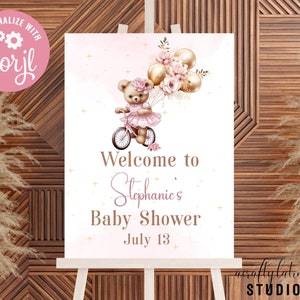 Editable Teddy Bear Balloon Baby Shower Welcome Sign, We Can Bearly Wait Baby Shower Poster, Girl Bear Baby Shower Decor, Large Welcome Sign