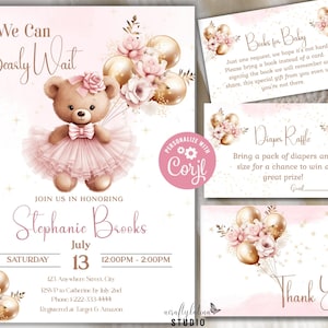 Invito per baby shower We Can Bearly Wait, invito modificabile per baby shower con orsetto di peluche, invito per baby shower con palloncino, baby shower per bambine, invito per baby shower con palloncino a forma di orso