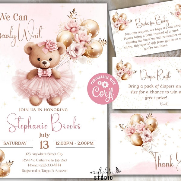 We Can Bearly Wait Baby Shower Invitation, Editable Teddy Bear Baby Shower Invitation, Balloon Bear Shower, Girl Baby Shower, Bear Balloon