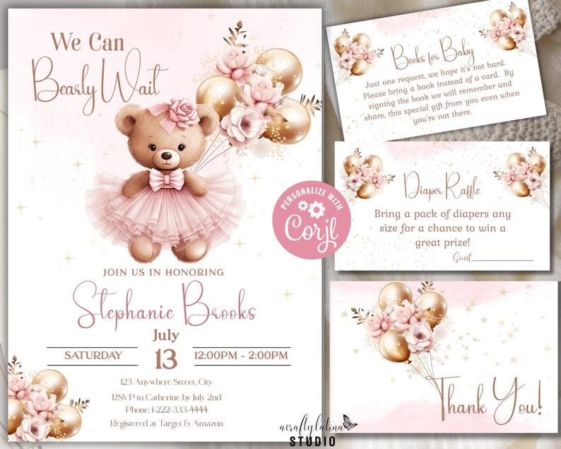 We can bearly wait baby shower invitation with a cute brown bear in a pink tutu with a bow in their hair and holding gold balloons with pink floral accents