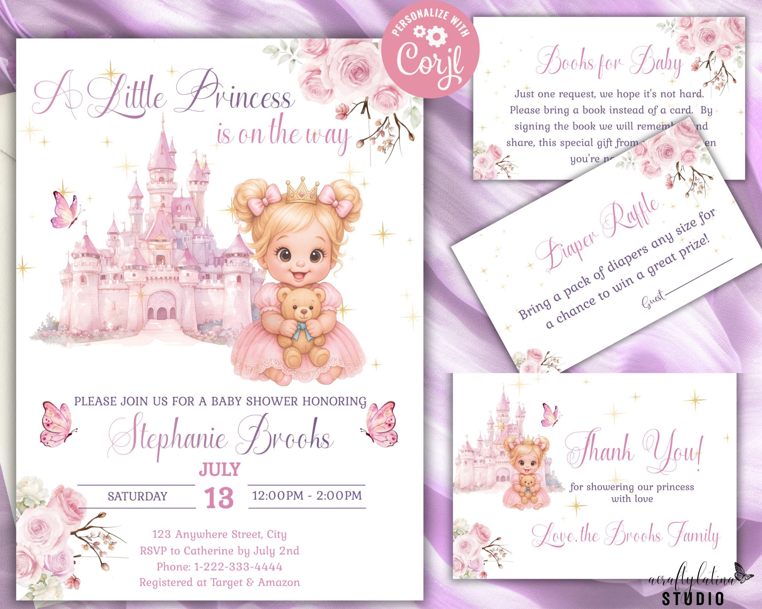 Princess Baby Shower Invitation Bundle, Editable Digital Template, Royal Celebration, Pink Gold Princess, Instant Download, Diaper Raffle