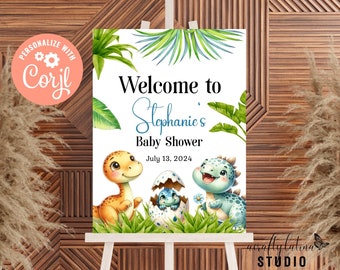 Plantilla de letrero de bienvenida para baby shower de dinosaurios, baby shower neutro, baby shower bohemio, baby shower de niño, letrero de bienvenida grande, letrero de dinosaurio