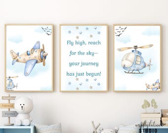 Set of 3 Watercolor Airplane Prints, Airplane Nursery Wall Art, Set of 3 Vintage Prints, Boy Room Decor, Kids Airplane Decor, Digital Prints