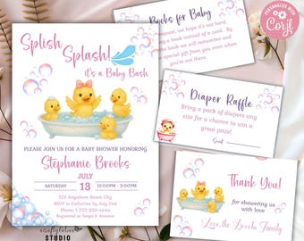 Kleine Enten-Babyparty-bearbeitbare Einladungsvorlagenbündel, digitales Bündel für Feiern, Mädchen-Babyparty, rosa Einladung, Windel