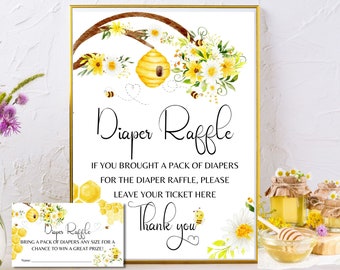 Baby Shower Diaper Raffle Game - 1 Standing Sign & 50 Tickets, Honey Bee Theme (Sign 5x7 In)