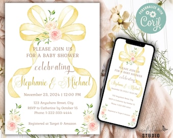 Bow Baby Shower Invitation, Coquette Invite, Girl Baby Shower, Editable Template, Digital Download, Gender Neutral, Yellow Baby Shower