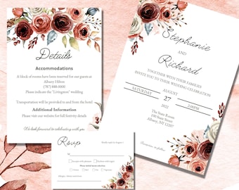 Wedding Invitation Suite, Wedding Invites, Boho Wedding Invitation Template Set, Wedding Invitation Rust Orange, Boho Rust Wedding - RILEY