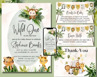 Könnte beinhalten: Eine Babyparty-Einladung mit Dschungel-Thema. Die Einladung zeigt eine Aquarell-Illustration eines Affen, einer Giraffe und eines Tigers. Der Text auf der Einladung lautet "A Little Wild One is on the Way" und enthält den Namen "Stephanie Brooks", das Datum "July 15, 2023" und die Uhrzeit "12:00 PM".