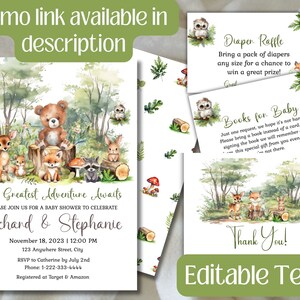 May include: A woodland-themed baby shower invitation featuring a watercolour illustration of a bear, fox, deer, rabbit, and raccoon. The invitation text reads "Our Greatest Adventure Awaits" and includes the names "Richard & Stephanie", the date "November 18, 2023", and the time "12:00 PM".