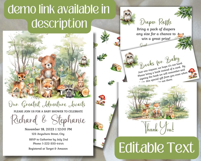 May include: A woodland-themed baby shower invitation featuring a watercolour illustration of a bear, fox, deer, rabbit, and raccoon. The invitation text reads "Our Greatest Adventure Awaits" and includes the names "Richard & Stephanie", the date "November 18, 2023", and the time "12:00 PM".