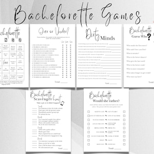 Puede incluir: Un conjunto de juegos imprimibles para una despedida de soltera. Los juegos incluyen Bachelorette Bingo, Más o Menos, Dirty Minds, Bachelorette Bride Guess Who y Bachelorette Would She Rather. Los juegos son en blanco y negro con un acento rosa.