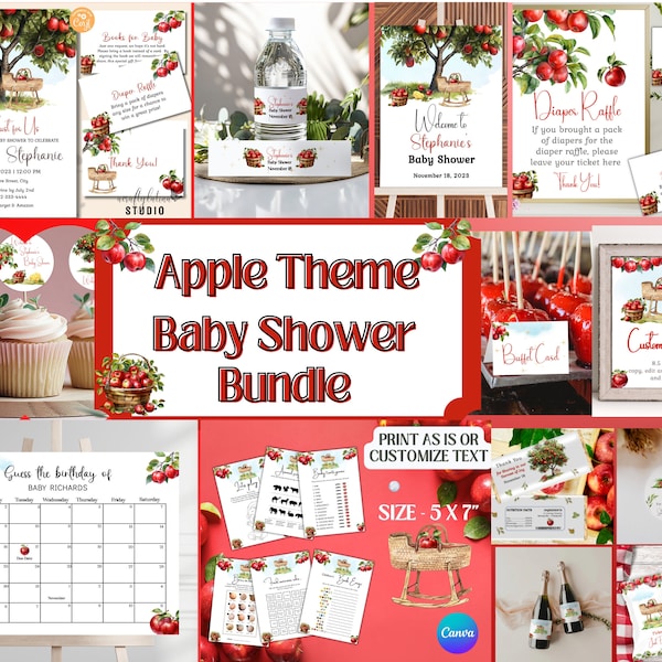 Apple Theme Baby Shower Bundle, Printable Invitation, Games, and Decorations, DIY Template