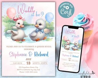 Waddle it Be Duck Gender Reveal Invitation, Editable Digital Invite for He or She, Printable Template for Baby Shower Party, Boy or Girl