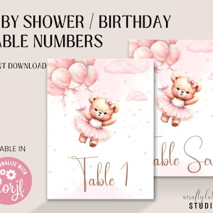Números de mesa para baby shower, decoración imprimible personalizable, invitación editable con globo de oso, baby shower de osito, baby shower de niña