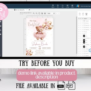 Peut inclure: Un mod&egrave;le d'invitation num&eacute;rique affich&eacute; sur un &eacute;cran d'ordinateur repr&eacute;sentant un ours en peluche marron portant un tutu et un n&oelig;ud roses, entour&eacute; de fleurs roses et de ballons dor&eacute;s. Le texte indique We Can Bearly Wait, Stephanie Brooks, July 13.