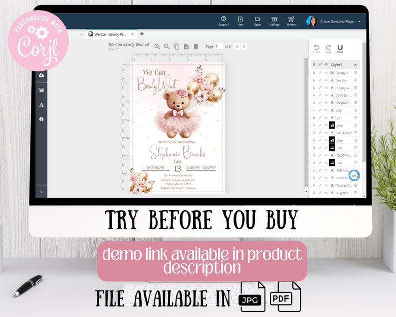 Peut inclure: Un mod&egrave;le d'invitation num&eacute;rique affich&eacute; sur un &eacute;cran d'ordinateur repr&eacute;sentant un ours en peluche marron portant un tutu et un n&oelig;ud roses, entour&eacute; de fleurs roses et de ballons dor&eacute;s. Le texte indique We Can Bearly Wait, Stephanie Brooks, July 13.