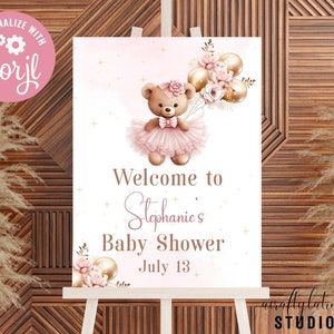Bearbeitbares Teddybär-Ballon-Babyparty-Willkommensschild, Wir können Bärenbabyparty-Plakat warten, Mädchen-Bär-Babypartydekor, großes Willkommensschild