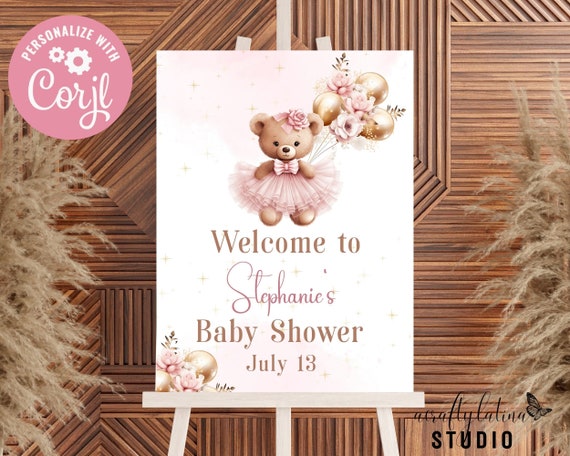Teddy Bear Baby Shower Welcome Sign, Pink and Gold Balloons, Editable Template (Corjl